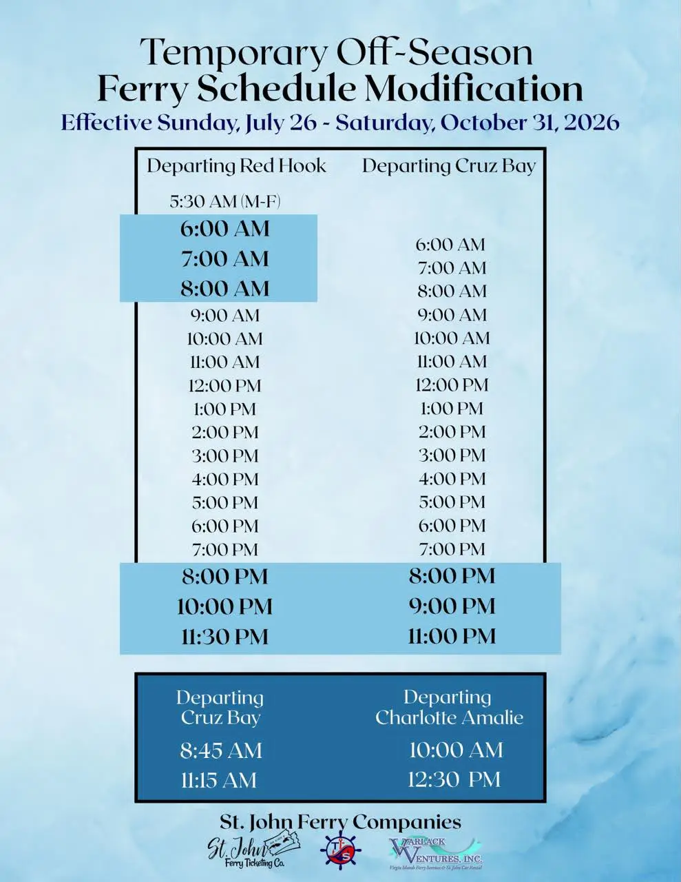 Ferry schedule modification table effective July 26 to October 31, 2026.